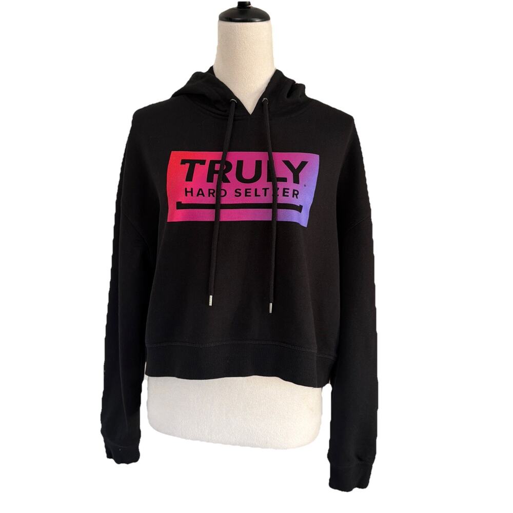 Truly Hard Seltzer Hoodie Sweatshirt Womens Large Black Crop 100% Cotton Lounge